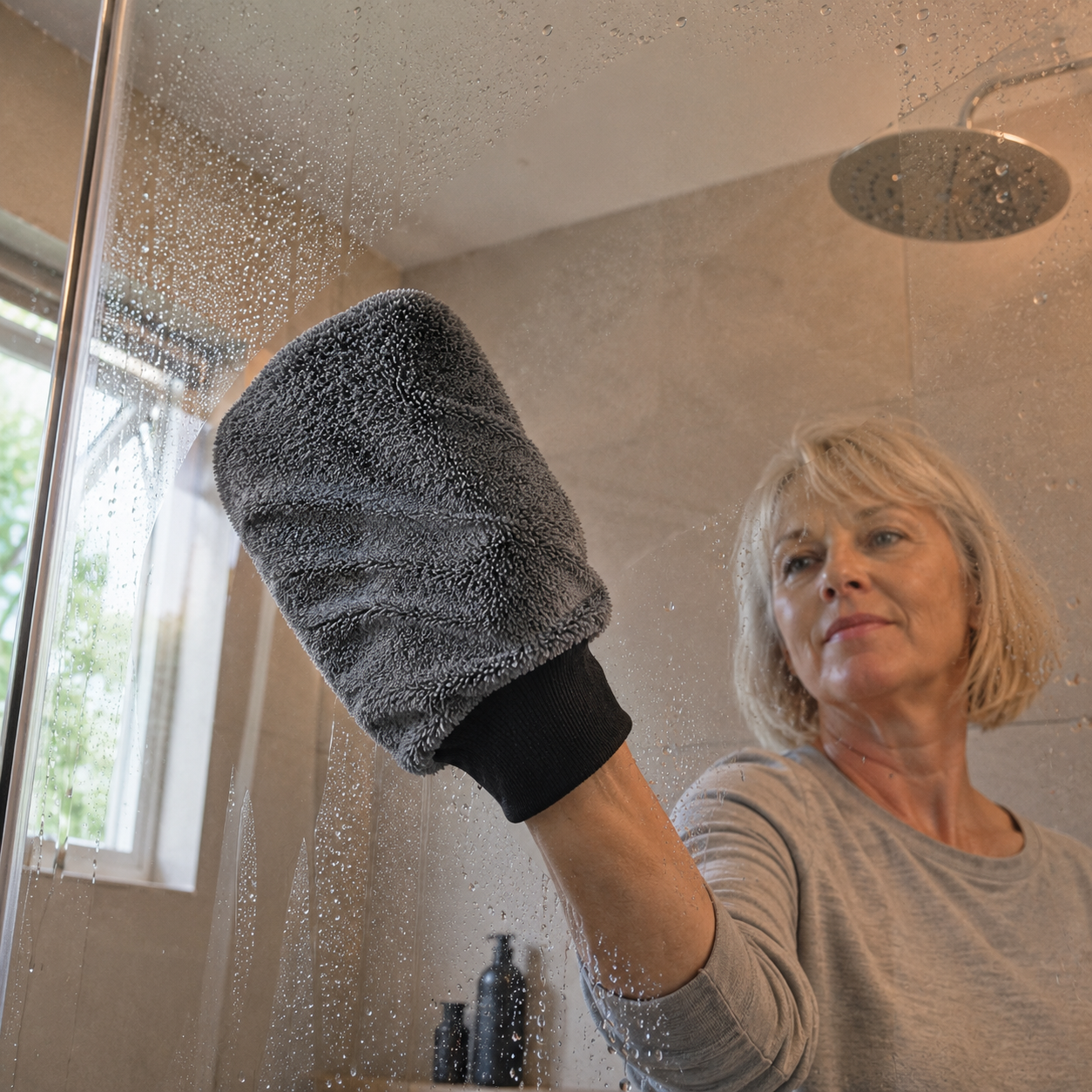 WaterJake MelaDoor Handschuh im Bad – am Spiegel und an Armaturen streifenfrei