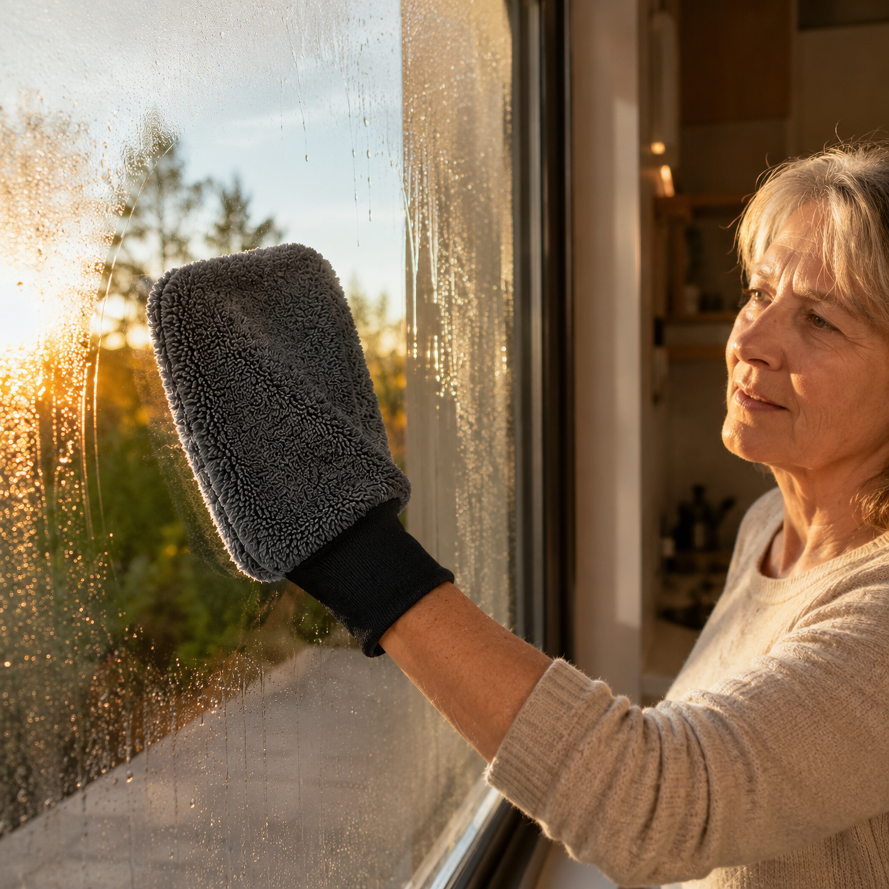 WaterJake MelaDoor Trocken-Handschuh an der Fensterscheibe – ein Zug, kein Streifen